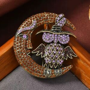 Halloween Owl Moon Rhinestones Brooch Costume Party Witch Hat Glass Stones